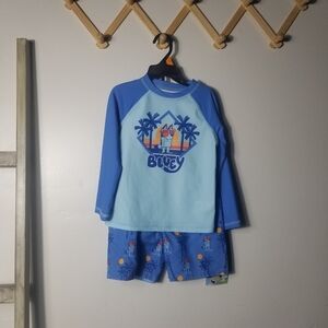 NWT BLUEY KIDS SWIM LONG SLEEVE SHIRT AND SHORT SET 50+ UPF SIZE 4T